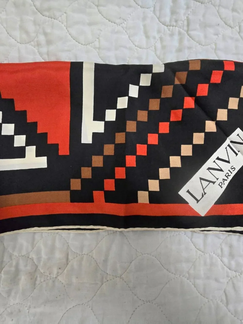 Vtg Lanvin 100% Silk Scarf Rust/Orange Navy Tan Ecru French Geometric 26